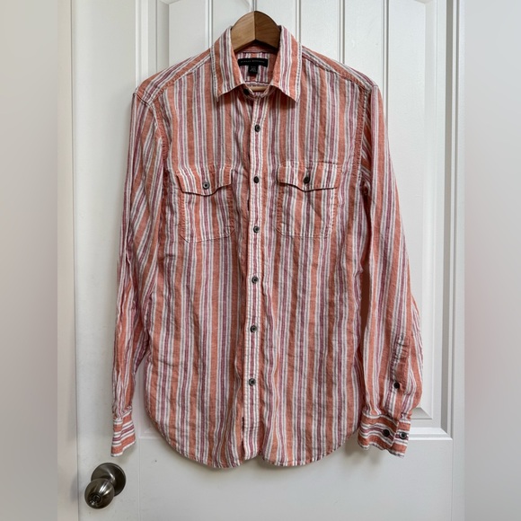 Banana Republic 100% Linen Orange/Red/Tan Striped Long Sleeve Shirt. M15-15 1/2 - Picture 1 of 6